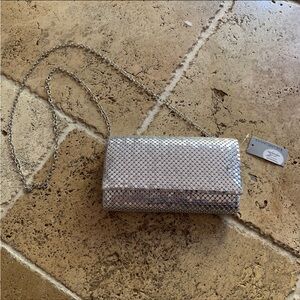 Jessica McClintock Metal Mesh Roll Bag Clutch Purse Crossbody Silver Chain